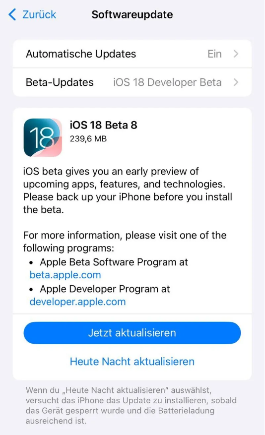 松北苹果手机维修分享苹果 iOS / iPadOS 18 开发者预览版 Beta 8 发布 